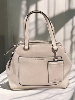 Calvin Klein Cream Pebbled Leather Triple Compartment Satchel Crossbody Bag